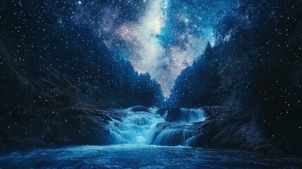 Celestial Cascade - A Dreamlike Waterfall Under a Starry Sky.