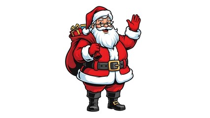Obraz premium Cartoon santa claus waving with a bag full of gifts on a white background illustration