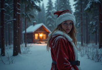 A woman dressed in a Santa Claus outfit stands in a snowy forest, facing a warmly lit wooden cabin