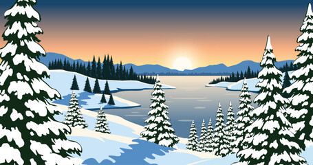Serene winter landscape featuring snow covered trees and a peaceful lake at sunset, nature escape