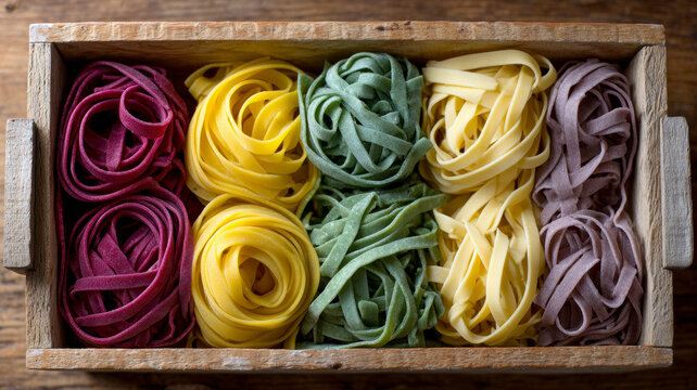 Colorful tagliatelle pasta assortment in a wooden box.