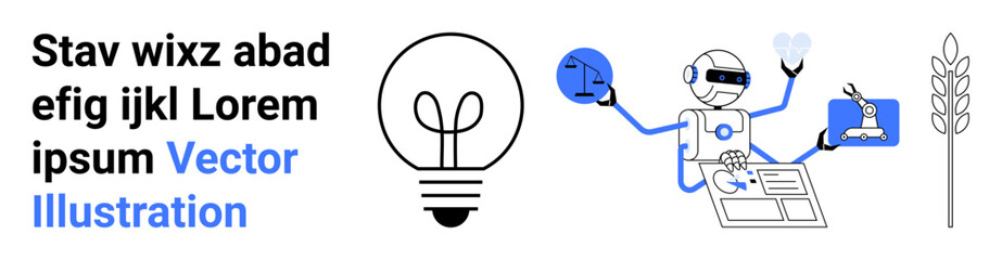 Artificial intelligence, innovation, technology, digital solutions, energy, agricultural science. Robot interacting with icons of a light bulb and crop. AI and innovation visualization