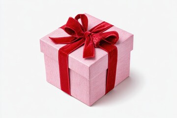 Obraz premium Gift box. One pink colored present box tied a red velvet ribbon and bow. Joy, anticipation of receiving presents. Single 3D Giftbox neat isolated white backdrop. Distinctive festive Christmas gifts.