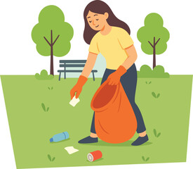 Cartoon Person Cleaning Up Trash in Public Park