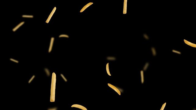 french fries falling isolated alpha channel animation, fast food fried potatos restaurant and menu vertical social media overlay motion design element