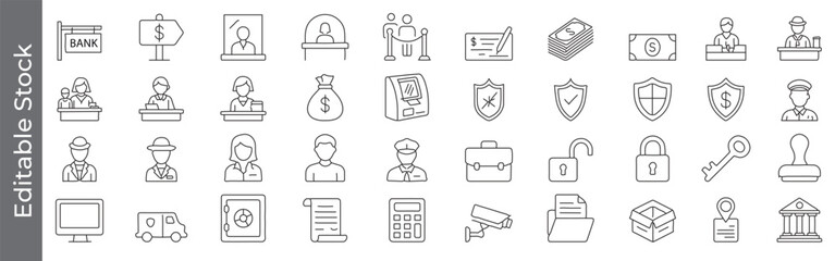 Banking, finance, cheque book, safety and security line icon set &ndash; editable outline symbols of bank, ATM, money, shield, lock, key and safe