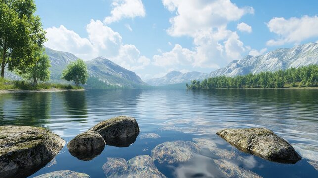Serene lakeside landscape with mountains and lush greenery under a bright sky - Powered by Adobe