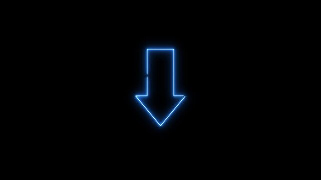 Blue neon arrow pointing downwards on a black background direction light