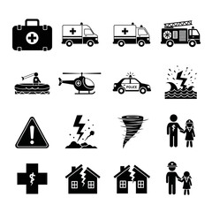 Essential emergency service icons showcasing disaster response, medical assistance, and safety measures in a sleek, modern vector design
