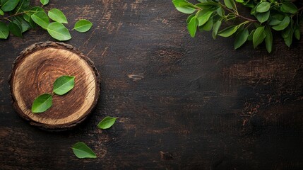 Naklejka premium Natural wooden surface with green leaves and a tree stump, perfect for rustic decor and nature-inspired designs in an artistic setting
