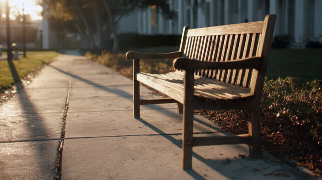 A weathered wooden bench rests on a sun-drenched concrete path in a quiet park or campus setting, with the warm, low light of the setting sun creating long, dramatic shadows and a peaceful atmosphere