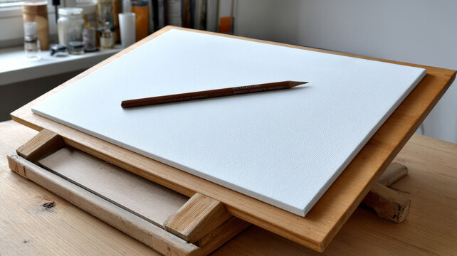 Blank canvas with pencil on easel in art studio.