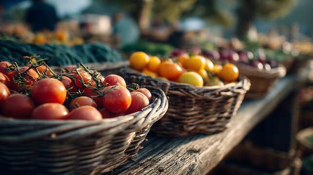 Baskets overflowing with ripe red tomatoes and other fresh produce at an outdoor market stall.