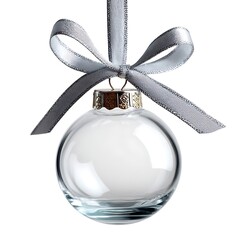 Clear glass christmas ornament with silver ribbon isolated on white background
