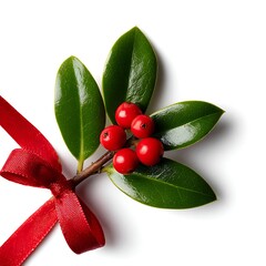 Sprig of holly with red berries and red bow isolated on white background