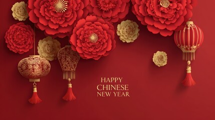 Chinese New Year greeting card with paper flowers and lanterns on red background