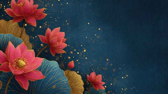 Elegant lotus flowers with gold accents on a dark blue background