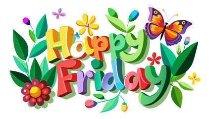 Words ‘HAPPY FRIDAY’ in playful lettering, adorned with vibrant colorful flowers, butterfly, and lush green leaves, creating a cheerful design