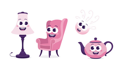 Obraz premium Cute cartoon characters of a pink armchair a pink lamp a pink teapot and a pink blob with eyes and a smile isolated on a white background