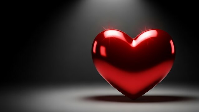 Vibrant glossy red heart symbol illuminated by a single powerful spotlight against a dramatic dark backdrop, representing love, passion, and affection for emotional connection