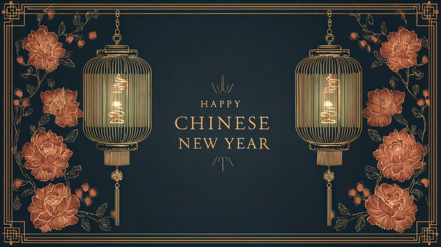Elegant Chinese New Year greeting card with lanterns and floral elements