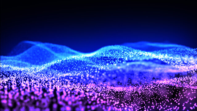 Abstract Technology Wave Line Dots Flow of Particles. Big Data Abstract Background with Shining Blue Pink Flowing Wavy Particle Stars Dust. Glittering Fly Loop on Black Background