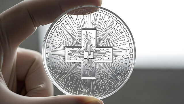 Swiss digital health currency held by gloved hand representing technology finance