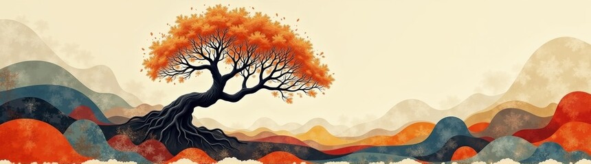 Tree that is standing in the middle of a mountainб genealogy tree illustration