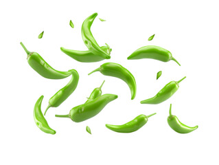 A dynamic composition featuring multiple green chili peppers floating  studio scene