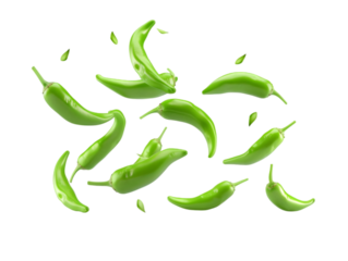 A dynamic composition featuring multiple green chili peppers floating  studio scene