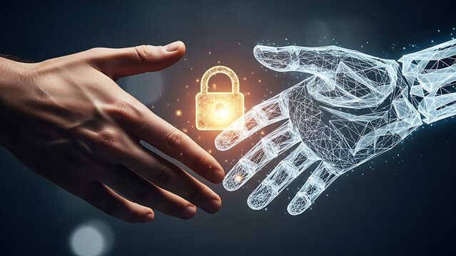 Cybersecurity partnership: human and ai hands connect over a glowing lock