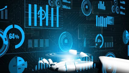 A futuristic robot hand engages with interactive data visualizations and digital graphs, encapsulating the essence of cutting-edge technology and innovation in a high-tech landscape. Xenic