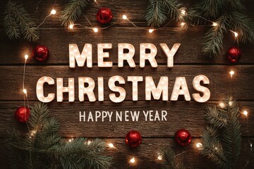 Christmas and new year message with festive lights on wooden background