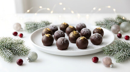 Elegant chocolate truffles on a white plate with festive Christmas decorations and lights.
