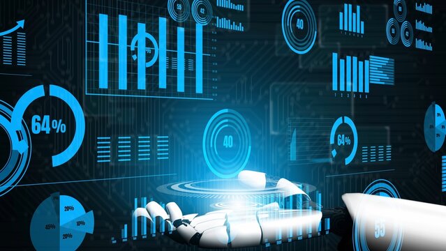 A futuristic robot hand engages with interactive data visualizations and digital graphs, encapsulating the essence of cutting-edge technology and innovation in a high-tech landscape. Xenic