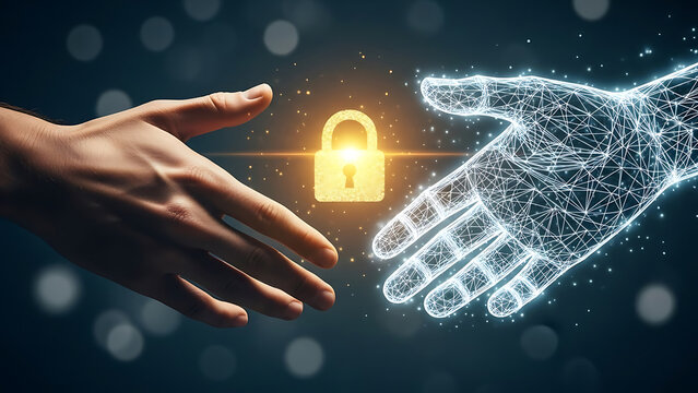 Secure digital connection: human and artificial intelligence hands interact