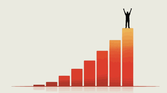 Silhouette of a triumphant person with arms raised in victory standing on top of the tallest bar of a rising bar graph symbolizing success and achievement