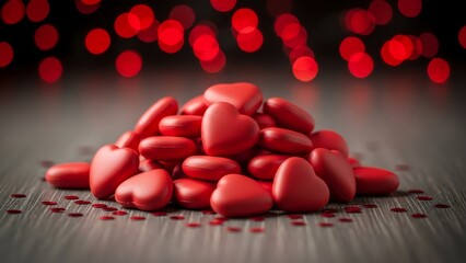 A pile of glossy red heart candies and scattered confetti on a dark wooden surface, illuminated by romantic red bokeh lights, symbolizing love, passion, and celebration