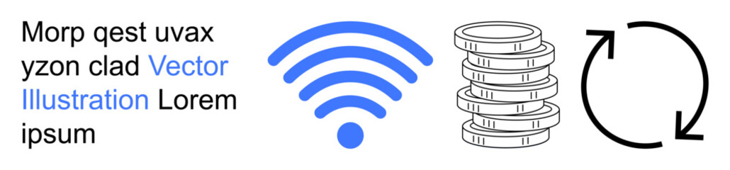 Wireless communication, financial technology, data backup, digital transactions, network synchronization, internet services. wireless symbol, stack of coins circular arrow. Wireless communication