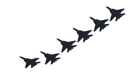 Black silhouette of six military fighter jets flying in a diagonal echelon formation isolated on a plain white background.