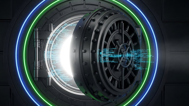 Open bank vault door revealing glowing digital data and security rings