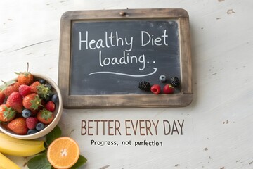 Chalkboard with Healthy Diet Loading message next to fruit