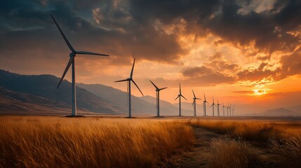 A row of wind turbines stands silhouetted against a dramatic sunset over a field of dry grass and distant mountains.