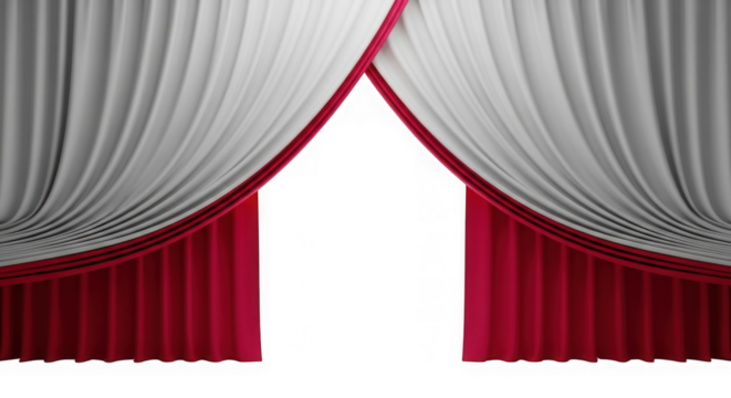 Red and white theater curtains opening to reveal a dark stage isolated on transparent background
