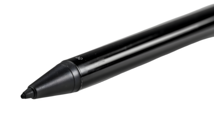 A close up shot of a sleek black stylus with a fine tip against a stark black background creating contrast