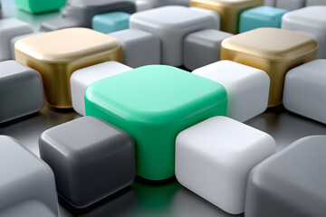 Fototapeta premium Abstract 3D Geometric Blocks in Gold, Green, White, and Gray for Modern Design Elements