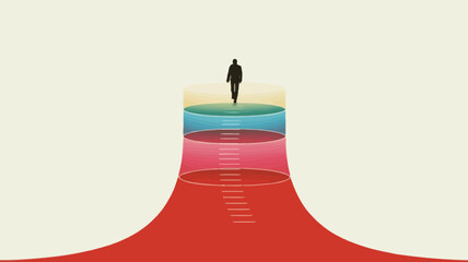 Silhouette of a person walking on a layered cylindrical structure representing progress or levels of achievement with a gradient of colors