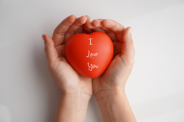 I love you. Words written on a red heart. Hands offering the heart. White background.