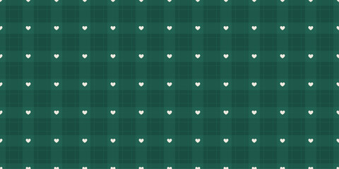 Dark green checkered pattern with tiny white hearts. Plaid seamless background. Vintage wrapping paper for Christmas and holidays. Tartan check for tablecloths. Vector illustration backdrop