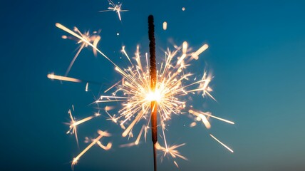 Obraz premium Sparkling celebration a single sparkler against a deep blue sky background